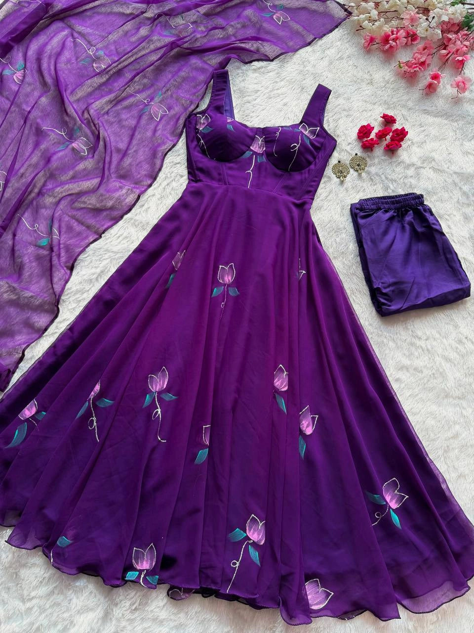 Deep Purple Zari Handpaint Suit flat lay full set with pant and dupatta – Kalyanja KU279