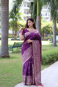 Deep Shade Purple Traditional Weaving Banglori Raw Silk Saree
