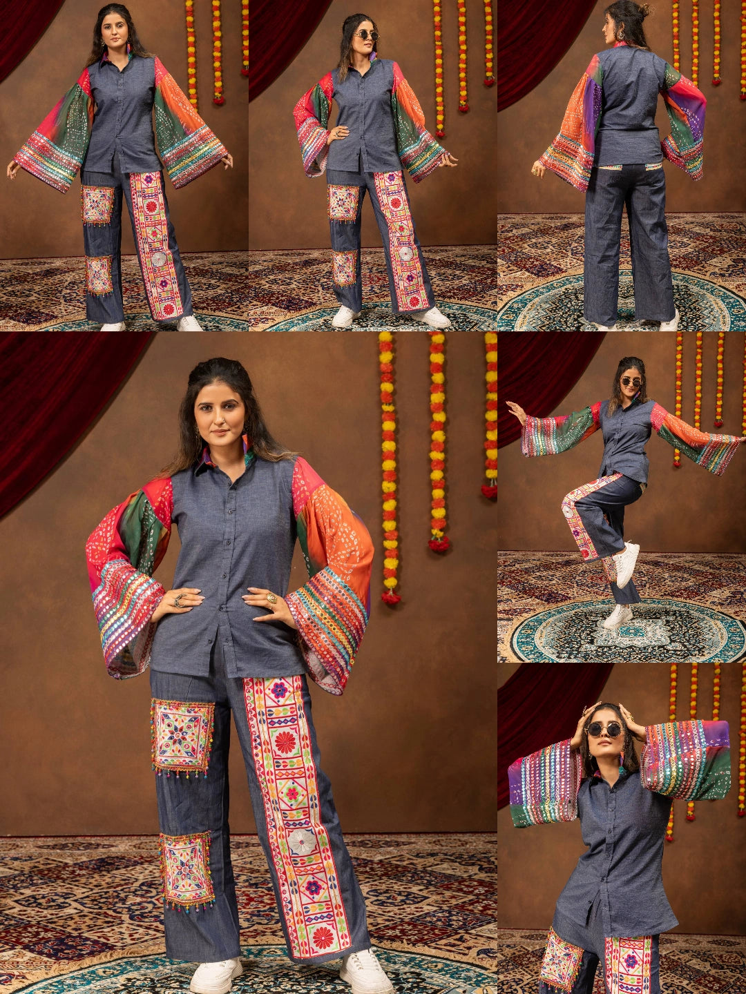 Denim Blue Embroidered Coord Set Flat Lay Full Set KC23
