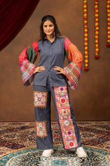 Denim Blue Embroidered Coord Set Mirror Work Bandhani Sleeve Front View KC23