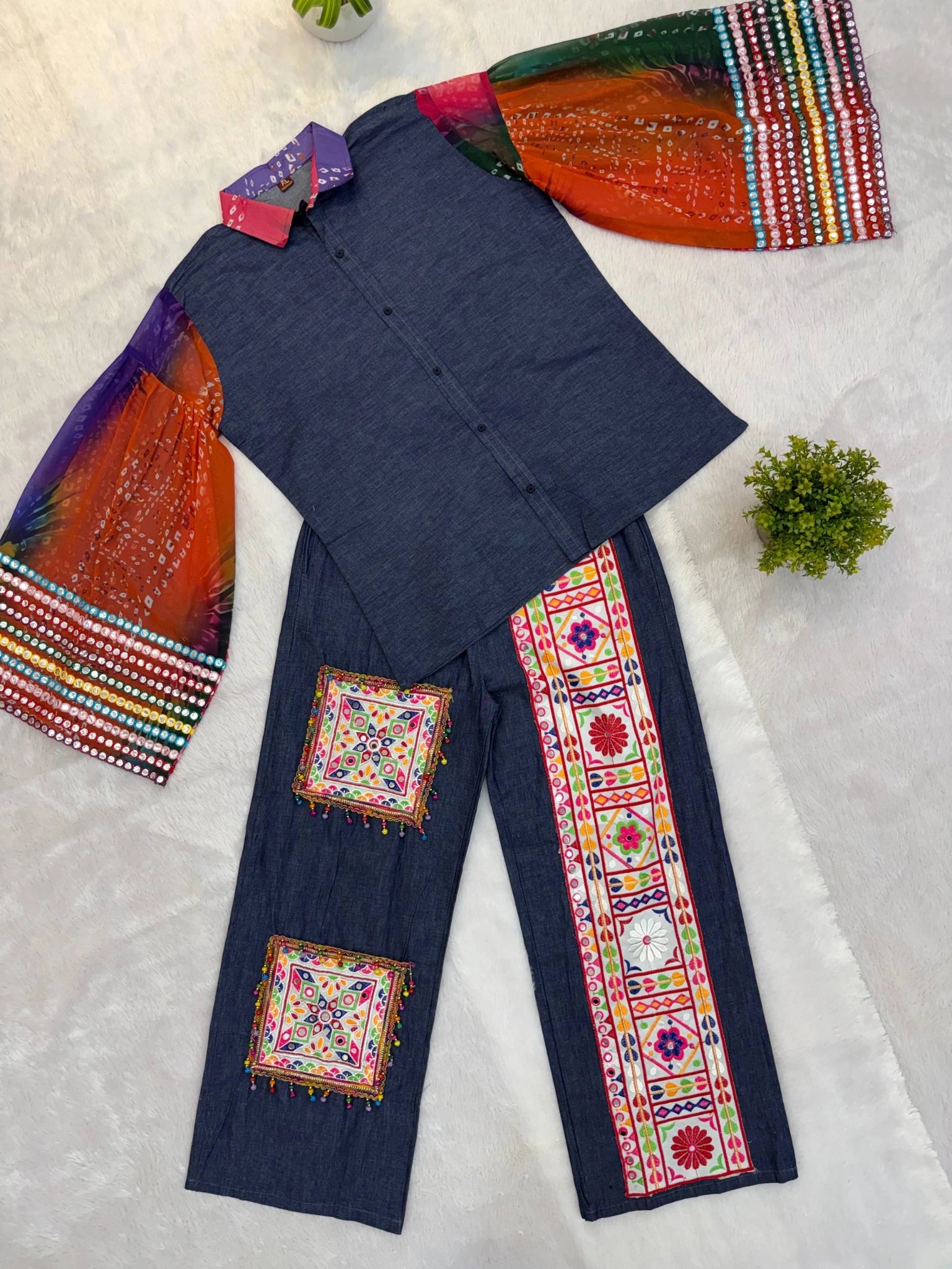 Denim Blue Embroidered Coord Set Detail View KC23