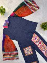 Denim Blue Embroidered Coord Set Flat Lay Mirror Work Detail KC23