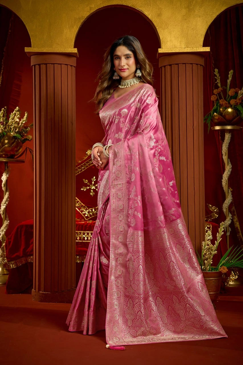 Rose Pink Satin Silk Saree - Side View