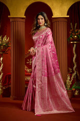 Rose Pink Satin Silk Saree - Side View