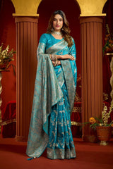Teal Blue Satin Silk Blend Saree - Jacquard Weaving with Swarovski Work