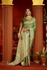 Pista Green Satin Silk Blend Saree - Jacquard Weaving with Swarovski Work