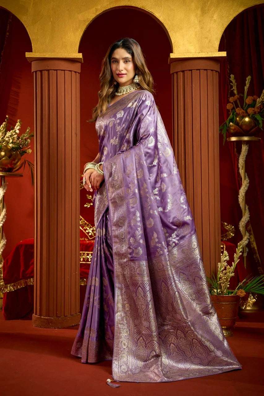 Lavender Satin Silk Saree - Side View