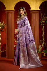 Lavender Satin Silk Saree - Side View