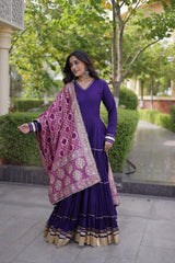 Deep Purple Gota Patti Anarkali Suit front view second model with Banarasi dupatta KU288