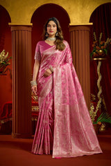 Rose Pink Satin Silk Blend Saree - Jacquard Weaving with Swarovski Work