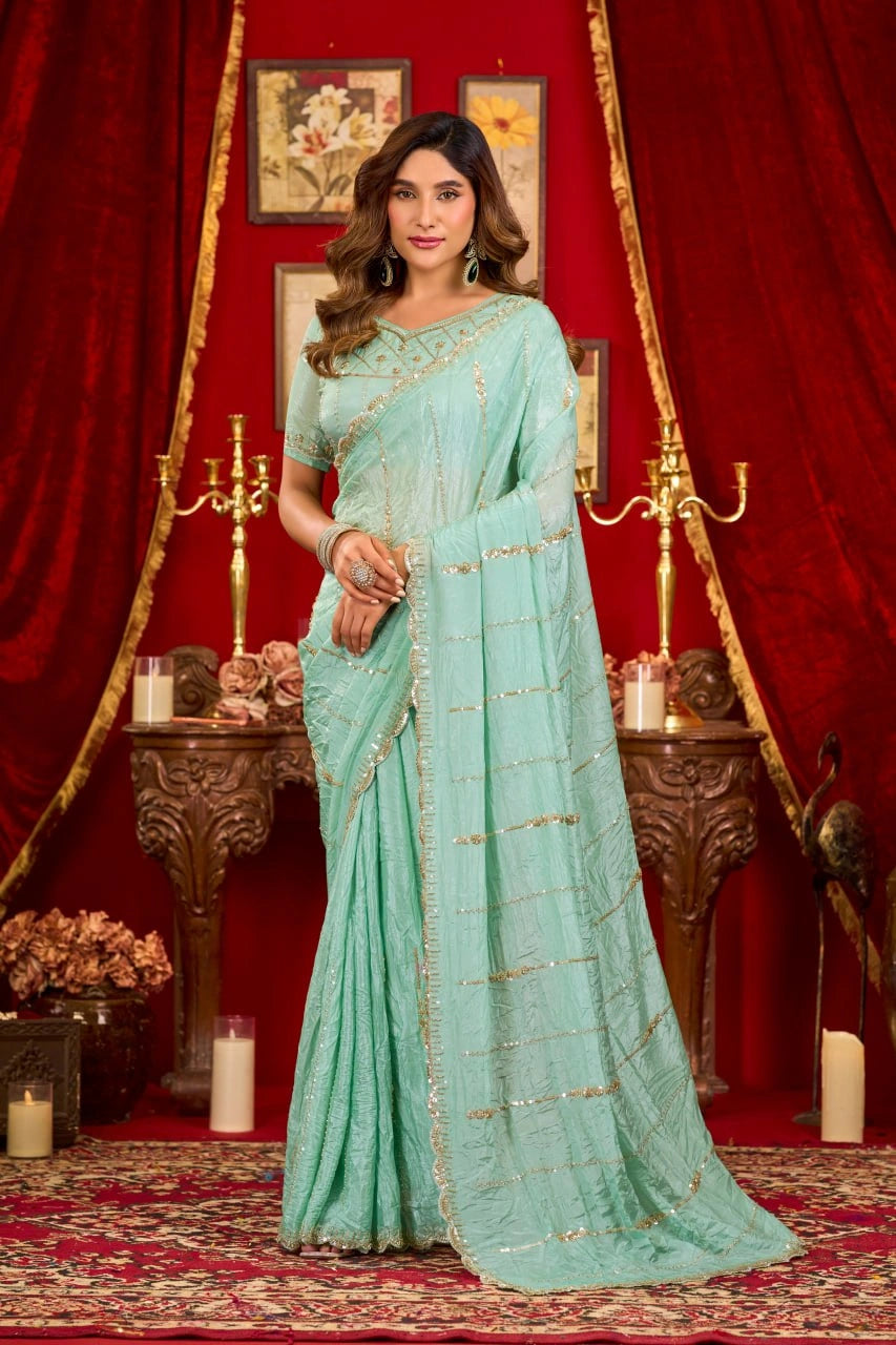 Mint Green Prada Silk Saree - Back View