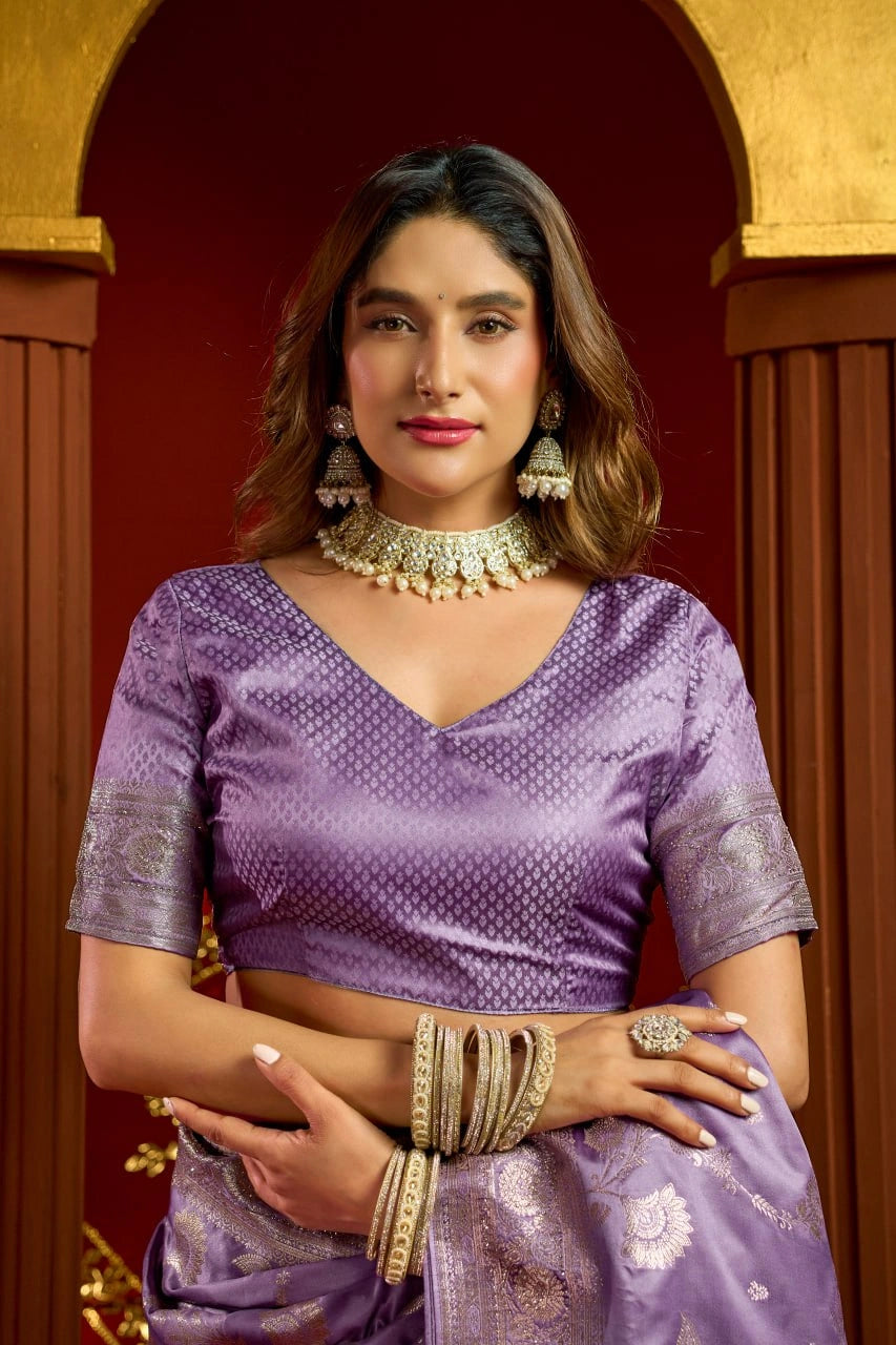 Lavender Satin Silk Saree - Blouse Close Up