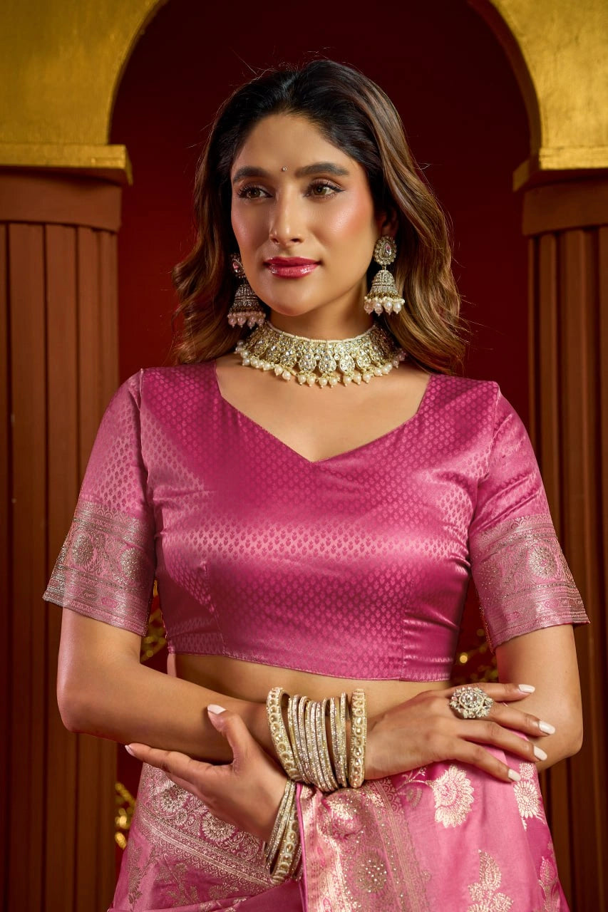 Rose Pink Satin Silk Saree - View 6