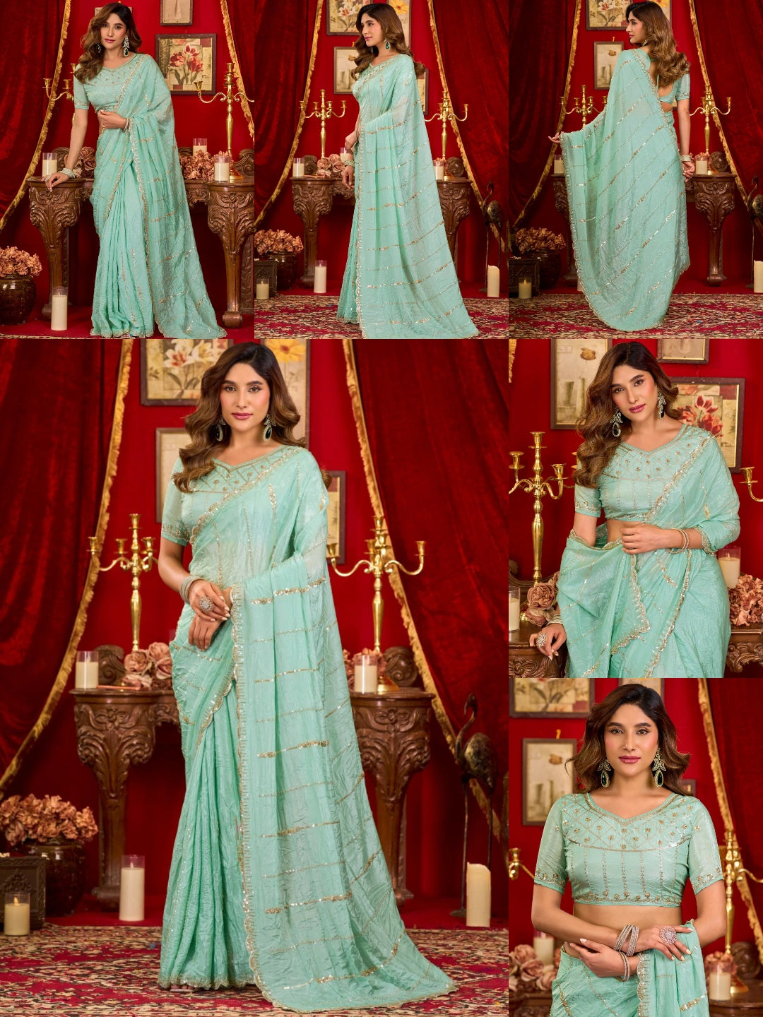 Mint Green Prada Silk Blend Saree - Beads Sequins Cutwork Border - Multiple Views