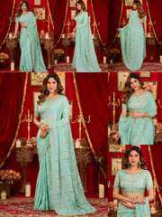 Mint Green Prada Silk Blend Saree - Beads Sequins Cutwork Border - Multiple Views
