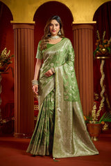 Pista Green Satin Silk Blend Saree - Model Front View 2