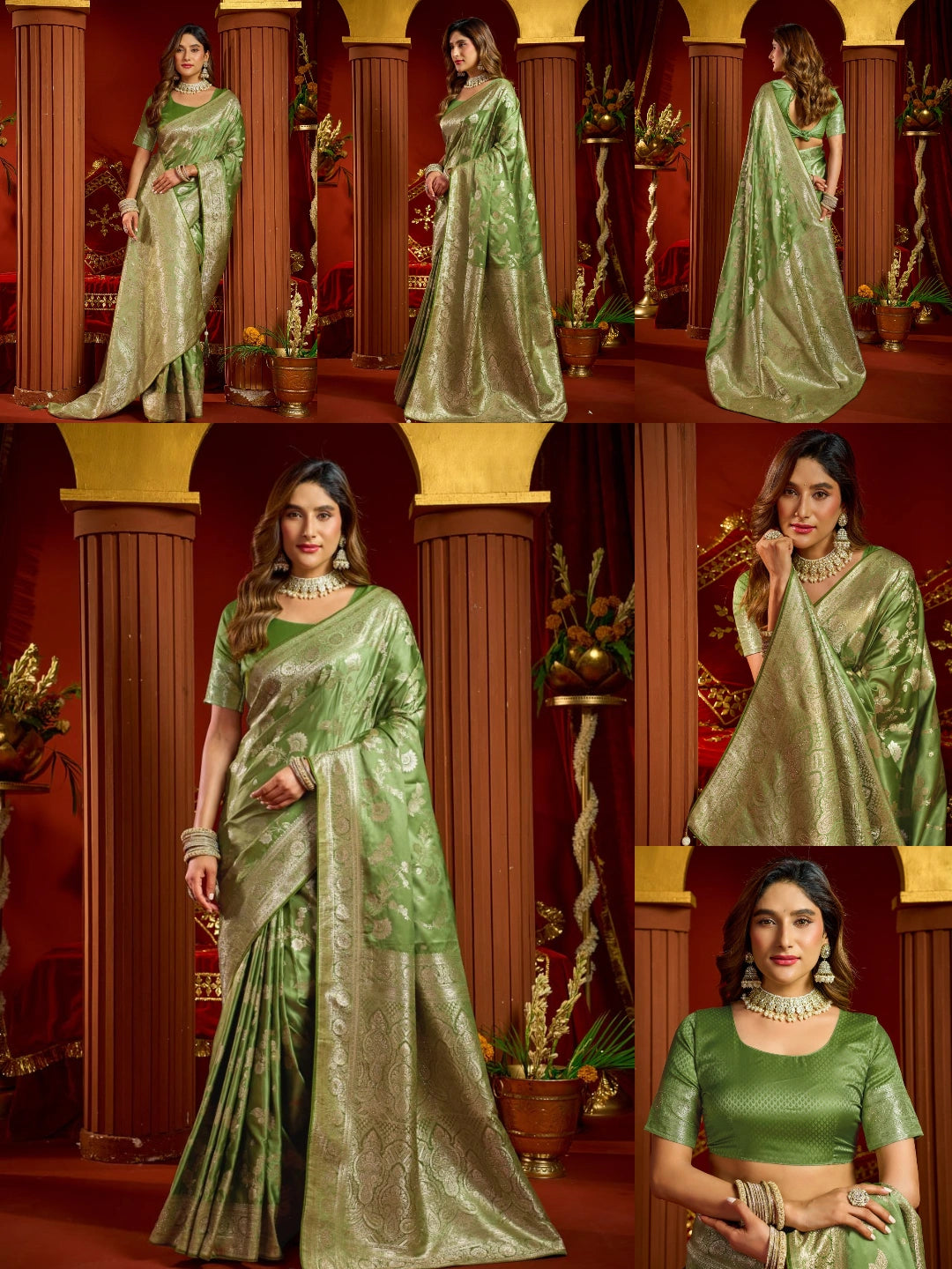 Pista Green Satin Silk Saree - Multiple Views