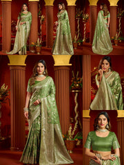 Pista Green Satin Silk Saree - Multiple Views