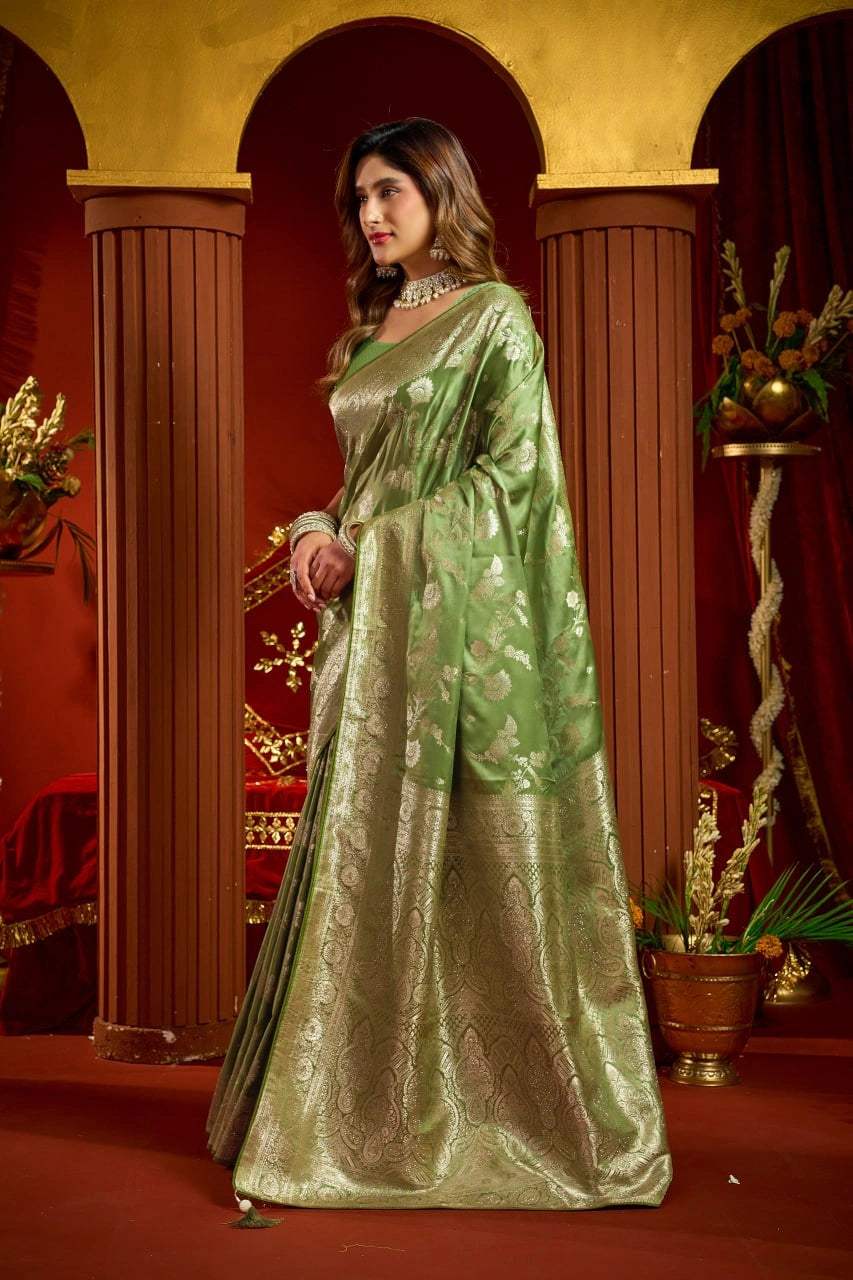 Pista Green Satin Silk Saree - Side View Jacquard Swarovski