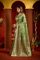 Pista Green Satin Silk Saree - Side View Jacquard Swarovski