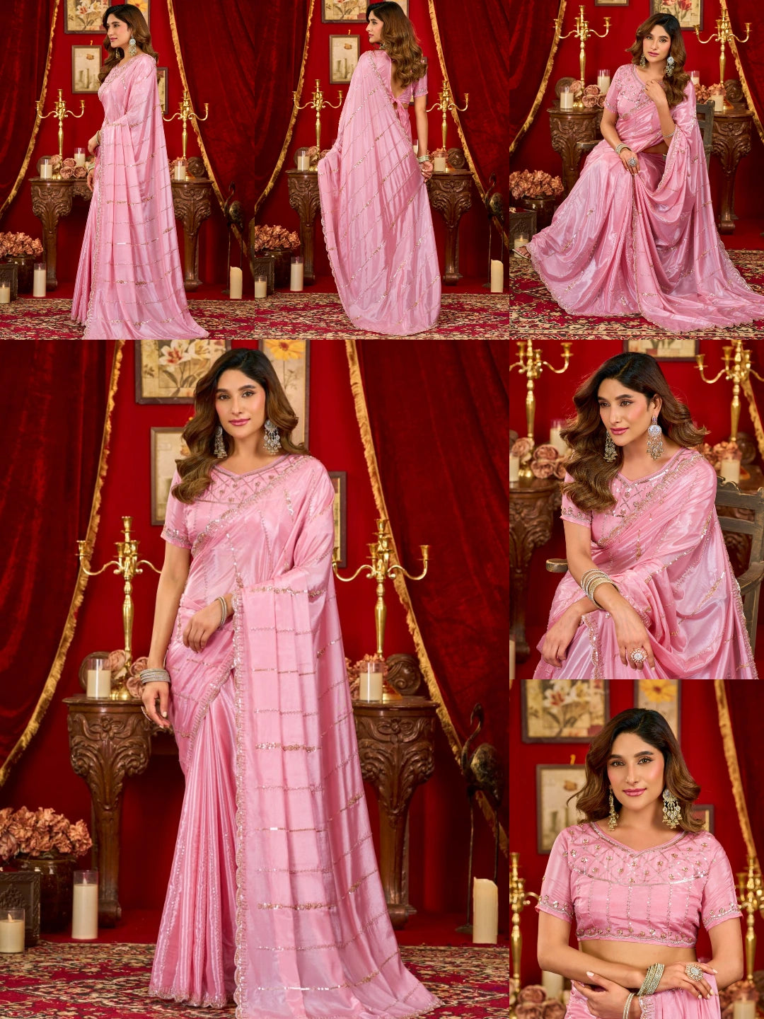 Pink Prada Silk Blend Saree - Beads Sequins Cutwork Border - Multiple Views
