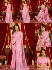 Pink Prada Silk Blend Saree - Beads Sequins Cutwork Border - Multiple Views
