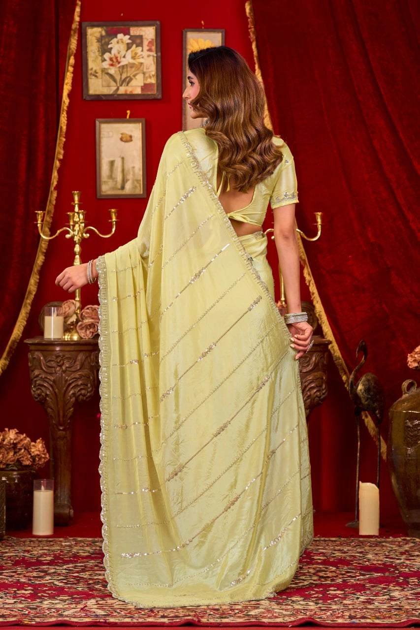 Yellow Prada Silk Saree - Side View