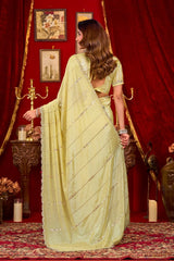 Yellow Prada Silk Saree - Side View