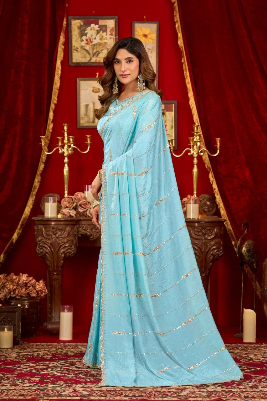 Sky Blue Prada Silk Saree - View 5