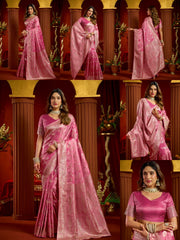 Rose Pink Satin Silk Blend Saree - Jacquard Weaving with Swarovski Work