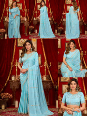 Sky Blue Prada Silk Blend Saree - Beads Sequins Cutwork Border - Multiple Views