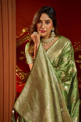 Pista Green Satin Silk Saree - Back View Jacquard