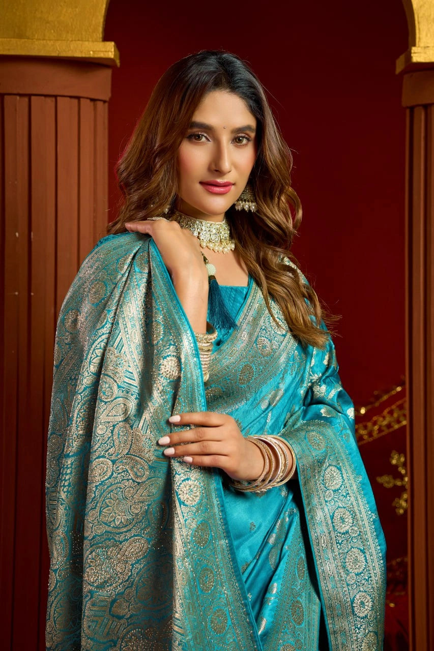 Teal Blue Satin Silk Saree - View 4