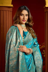 Teal Blue Satin Silk Saree - View 4
