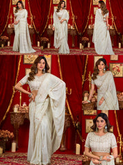 Off White Prada Silk Blend Saree - Beads Sequins Cutwork Border - Multiple Views