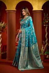 Teal Blue Satin Silk Saree - Side View