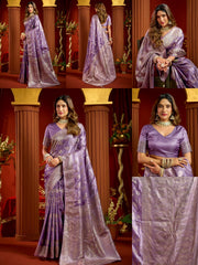 Lavender Satin Silk Saree - Multiple Views