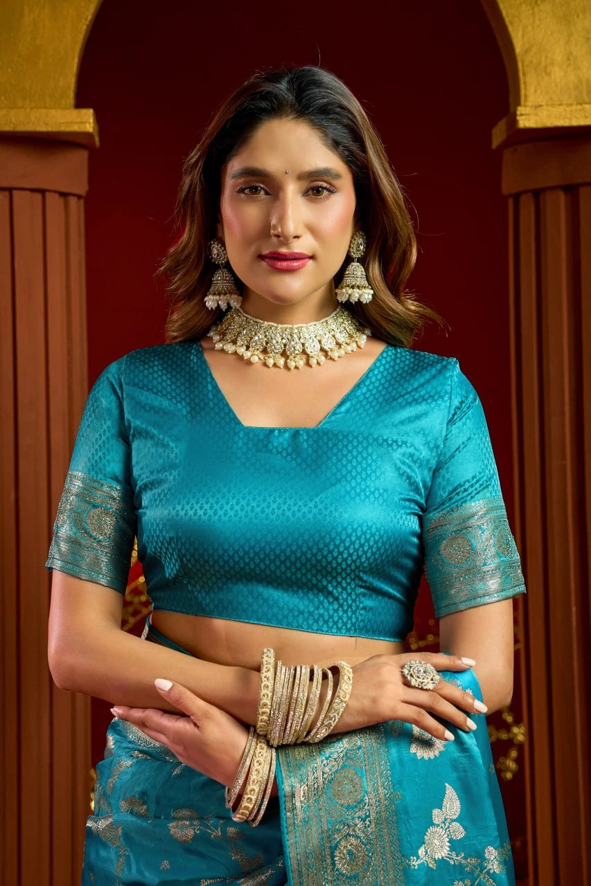 Teal Blue Satin Silk Saree - Blouse Close Up