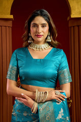 Teal Blue Satin Silk Saree - Blouse Close Up