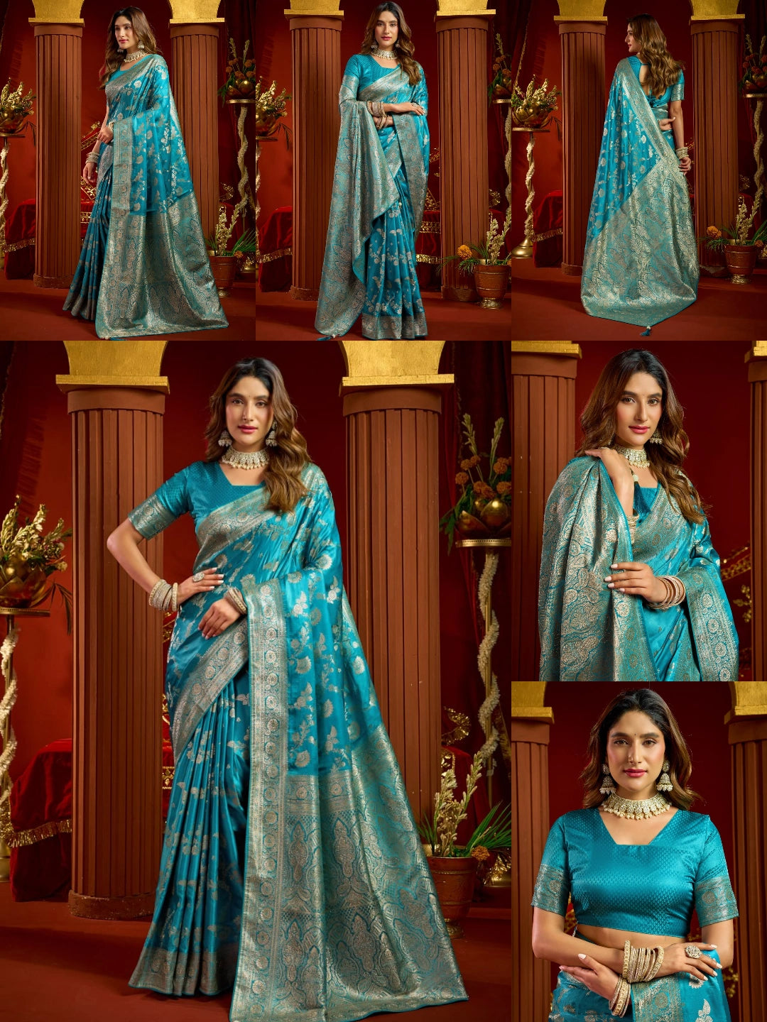 Teal Blue Satin Silk Saree - Multiple Views