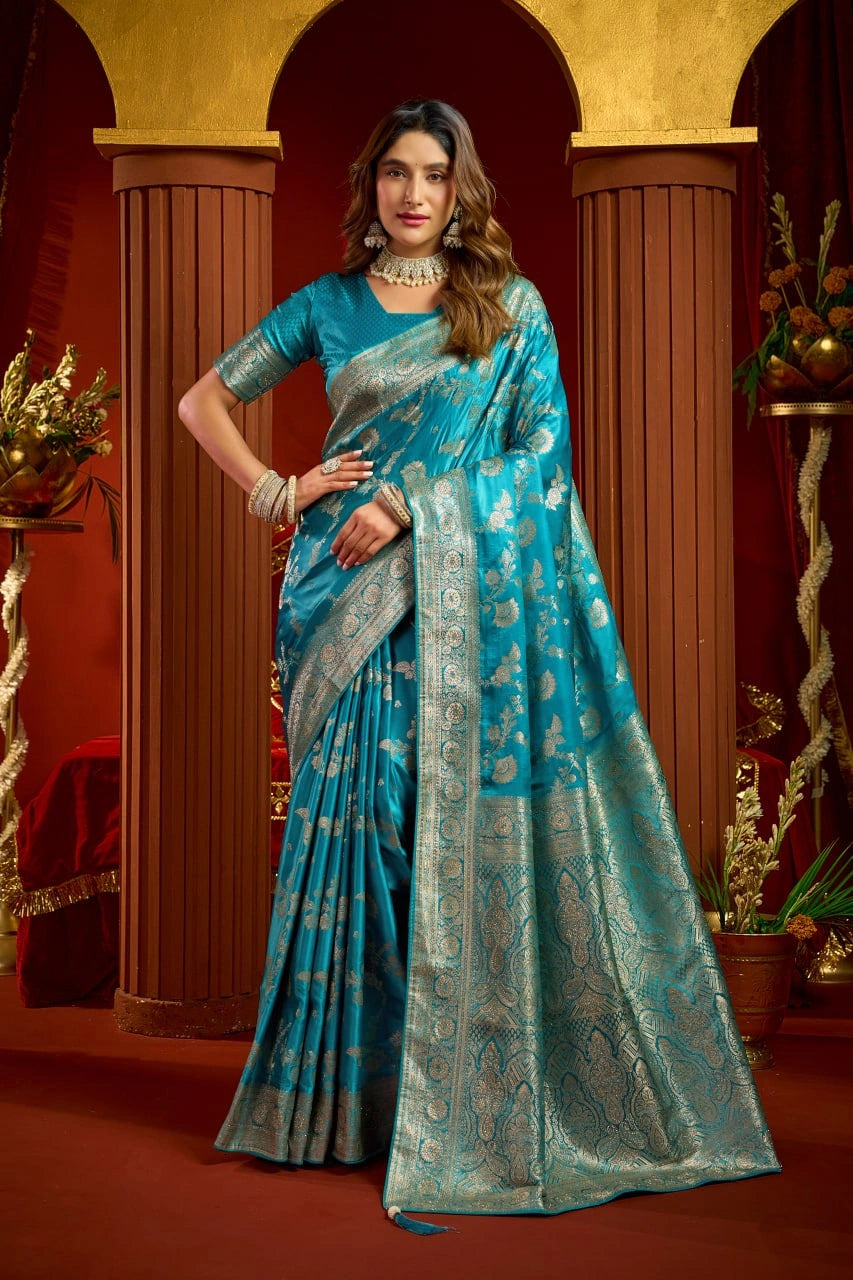Teal Blue Satin Silk Blend Saree - Jacquard Weaving View 2