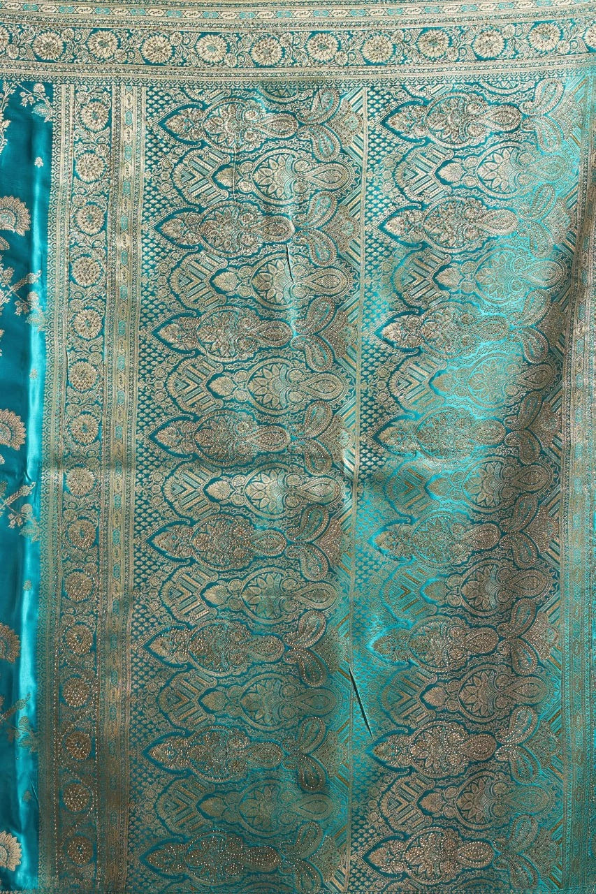 Teal Blue Jacquard Saree - Flat Lay Zari Border