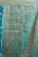 Teal Blue Jacquard Saree - Flat Lay Zari Border