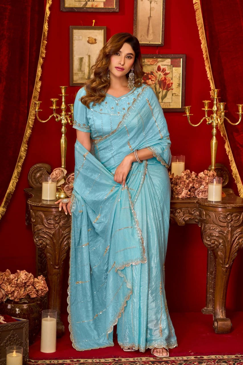 Sky Blue Prada Silk Saree - View 4