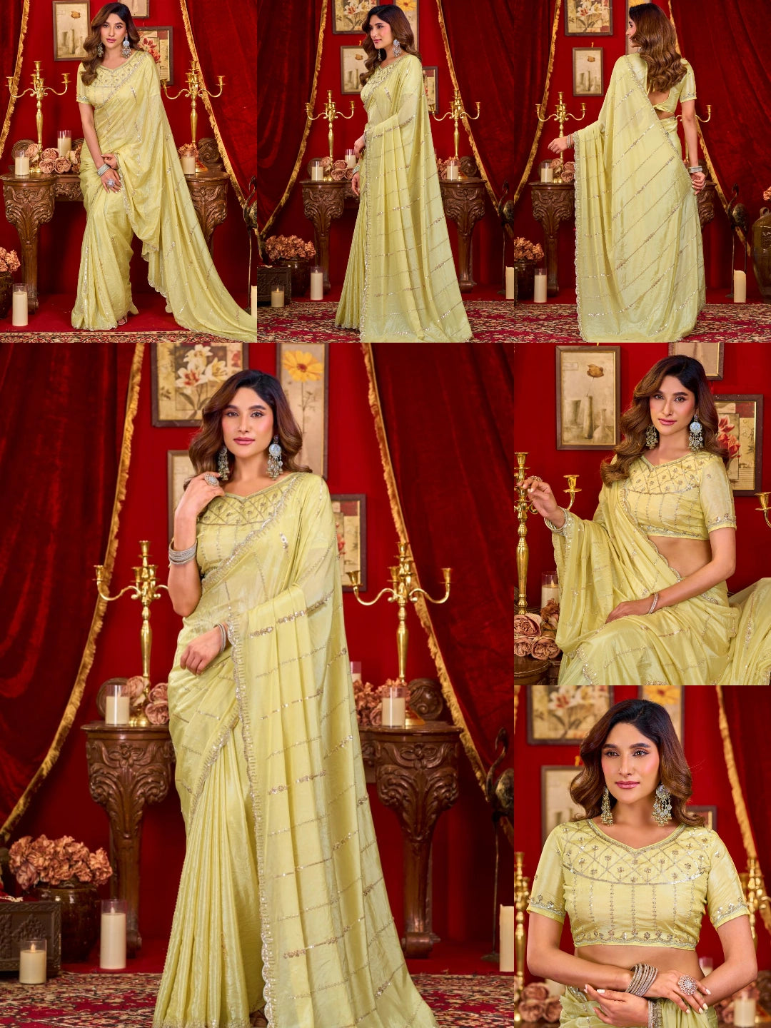 Yellow Prada Silk Blend Saree - Beads Sequins Cutwork Border - Multiple Views