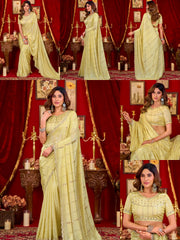 Yellow Prada Silk Blend Saree - Beads Sequins Cutwork Border - Multiple Views