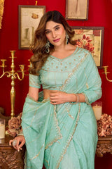 Mint Green Prada Silk Saree - Pose View