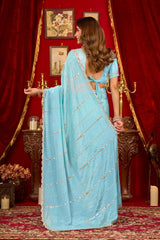 Sky Blue Prada Silk Blend Saree - Beads Sequins Cutwork Border