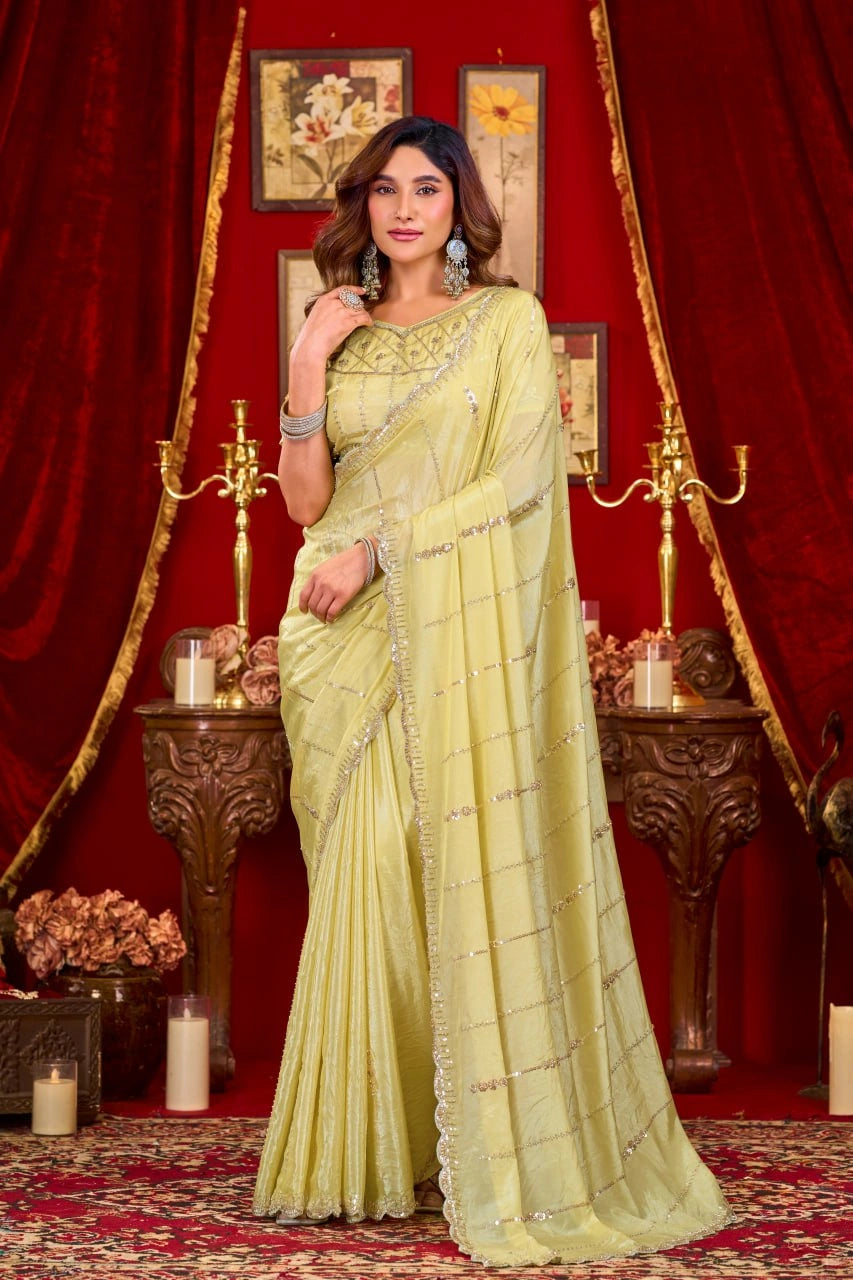 Yellow Prada Silk Saree - Blouse Close Up