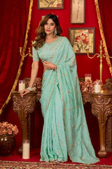 Mint Green Prada Silk Blend Saree - Beads Sequins Cutwork Border